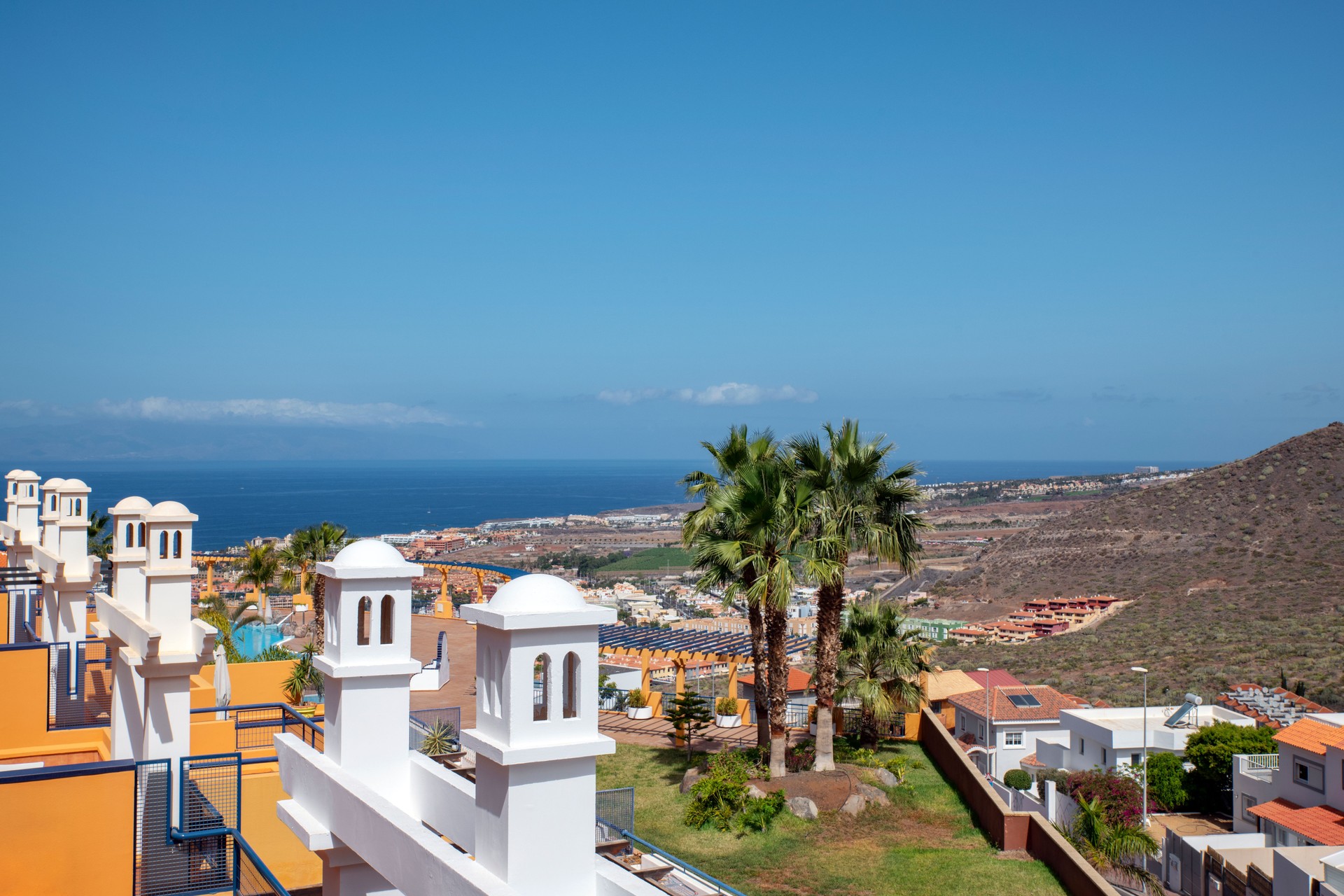 Views towards Costa Adeje from the hills high above Tenerife, Canary Islands, Spain